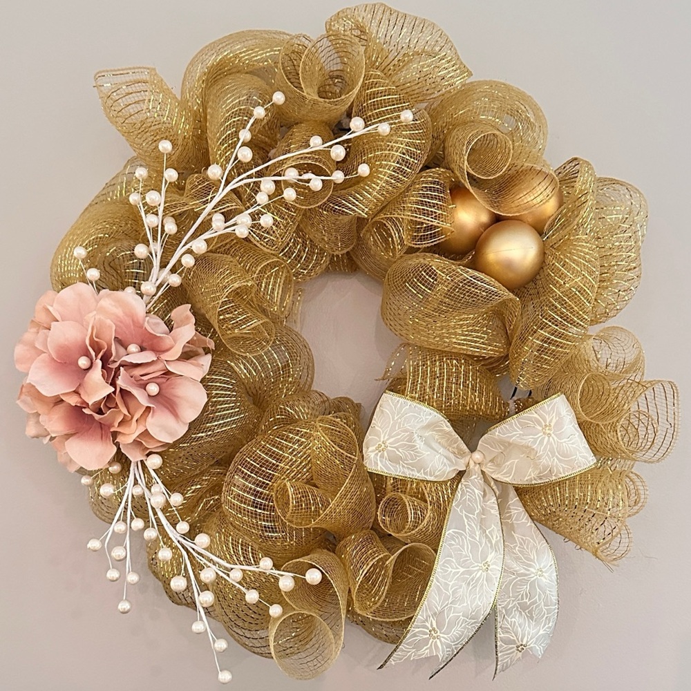 Blush Pink Hydrangea Christmas Wreath Handmade Deco Mesh Winter Door Decor
